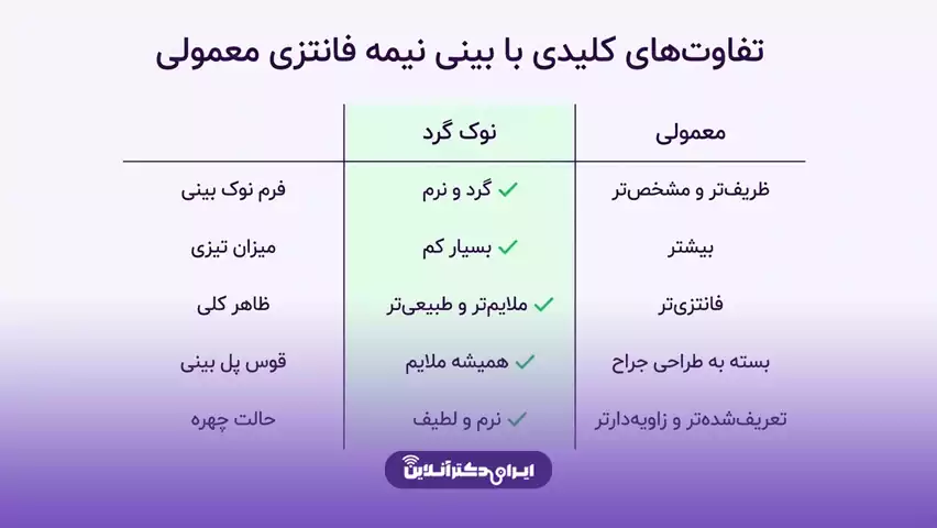 بینی نیمه فانتزی نوک گرد چه شکلی است و به چه چهرهای میآید؟ 3 تفاوت بینی نیمه فانتزی نوک گرد با بینی نیمه فانتزی معمولی